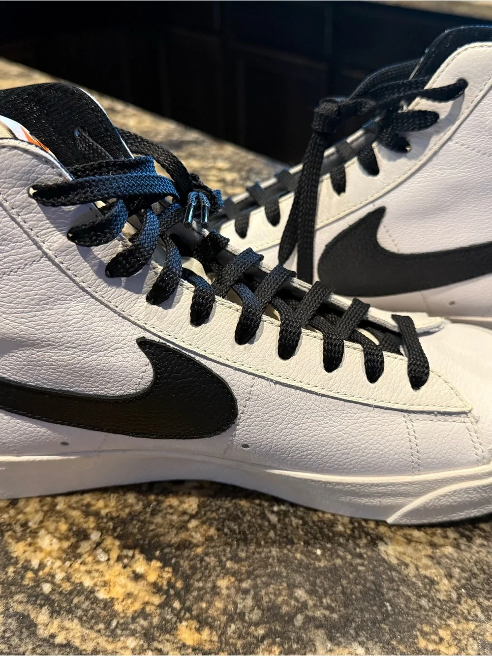 Nike Men's White High-Top Sneakers with Black Swoosh and Green Heel Tab (Custom)